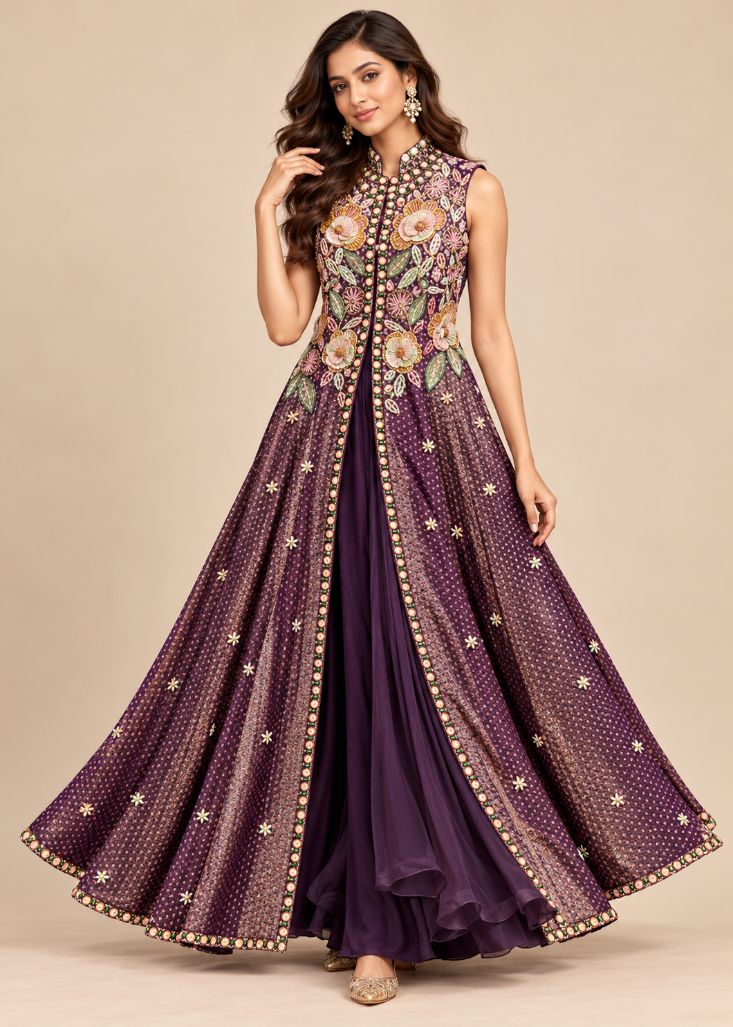 Aubergine-Purple Embroidered Long Jacket & Flared Gown Ensemble Main image