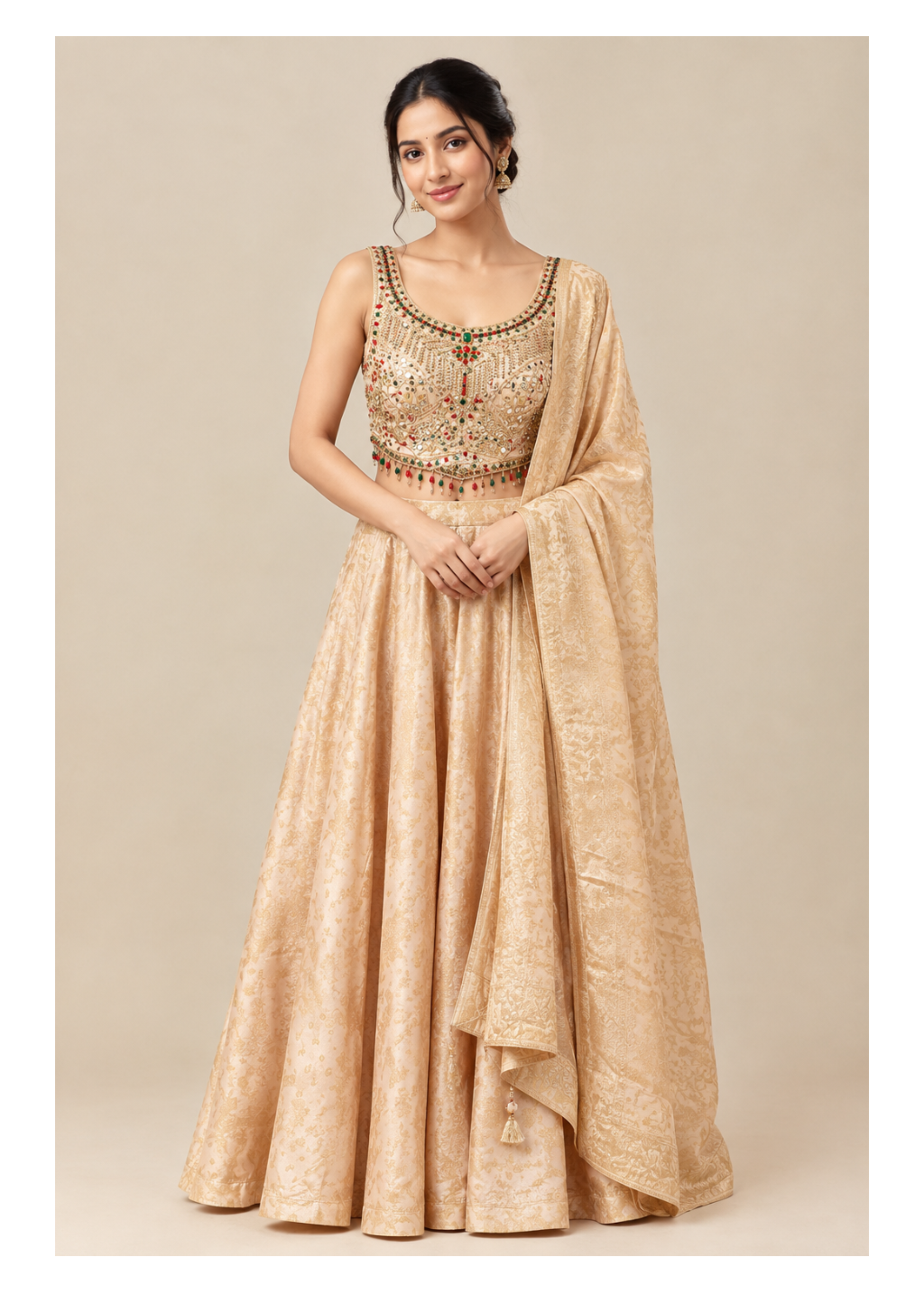 Champagne Gold Brocade Silk Lehenga Set with Jewel-Embroidered Blouse Main image