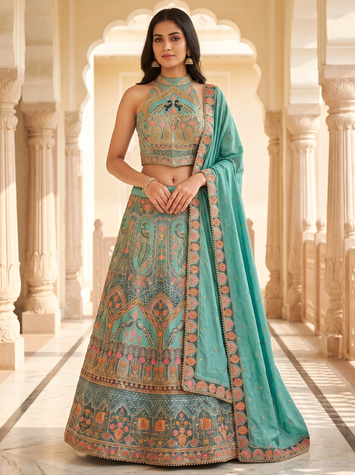 Sea Green Peacock Heritage Embroidered Lehenga Choli Set