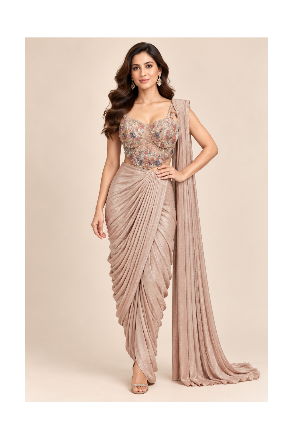 Dusty Rose Metallic Halter Blouse & Pre-Draped Dhoti-Saree Set