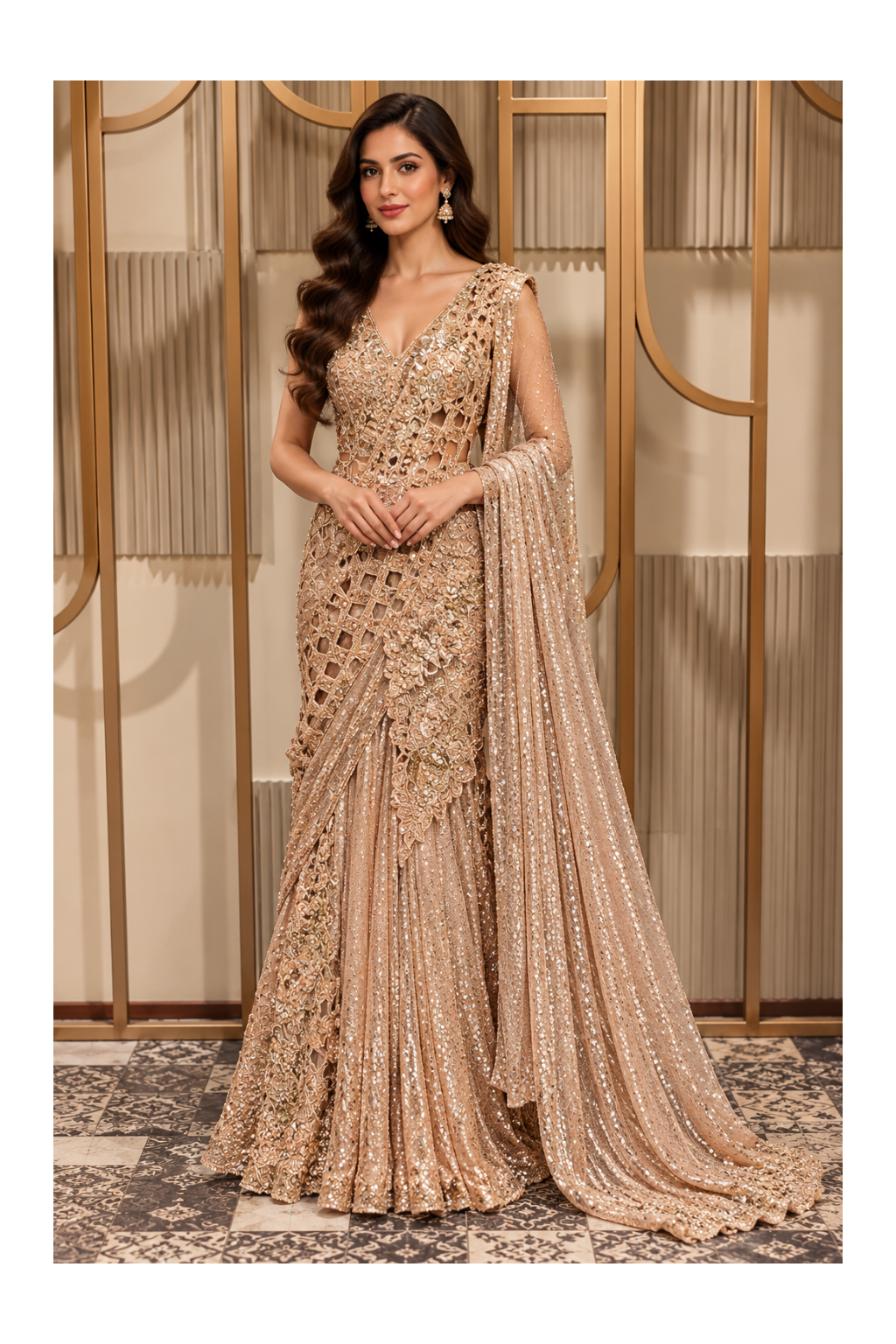 Champagne-Gold Lattice Cutwork Pre-Draped Saree-Gown Ensemble