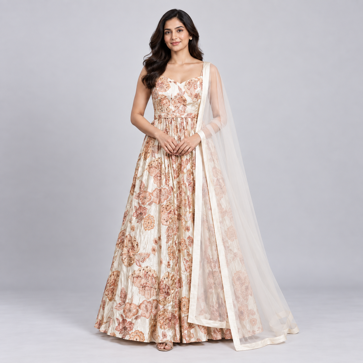 Elegant Floral Printed & Textured Anarkali Gown Set