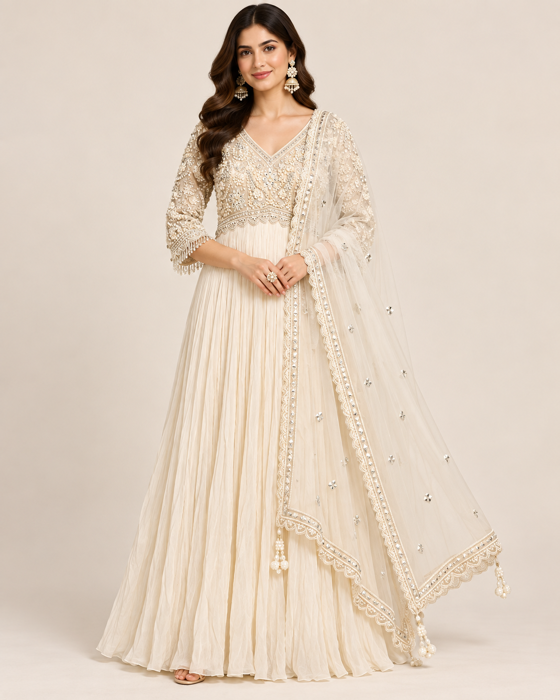 Off-White Pleated Georgette Anarkali Gown with Embroidered Net Dupatta