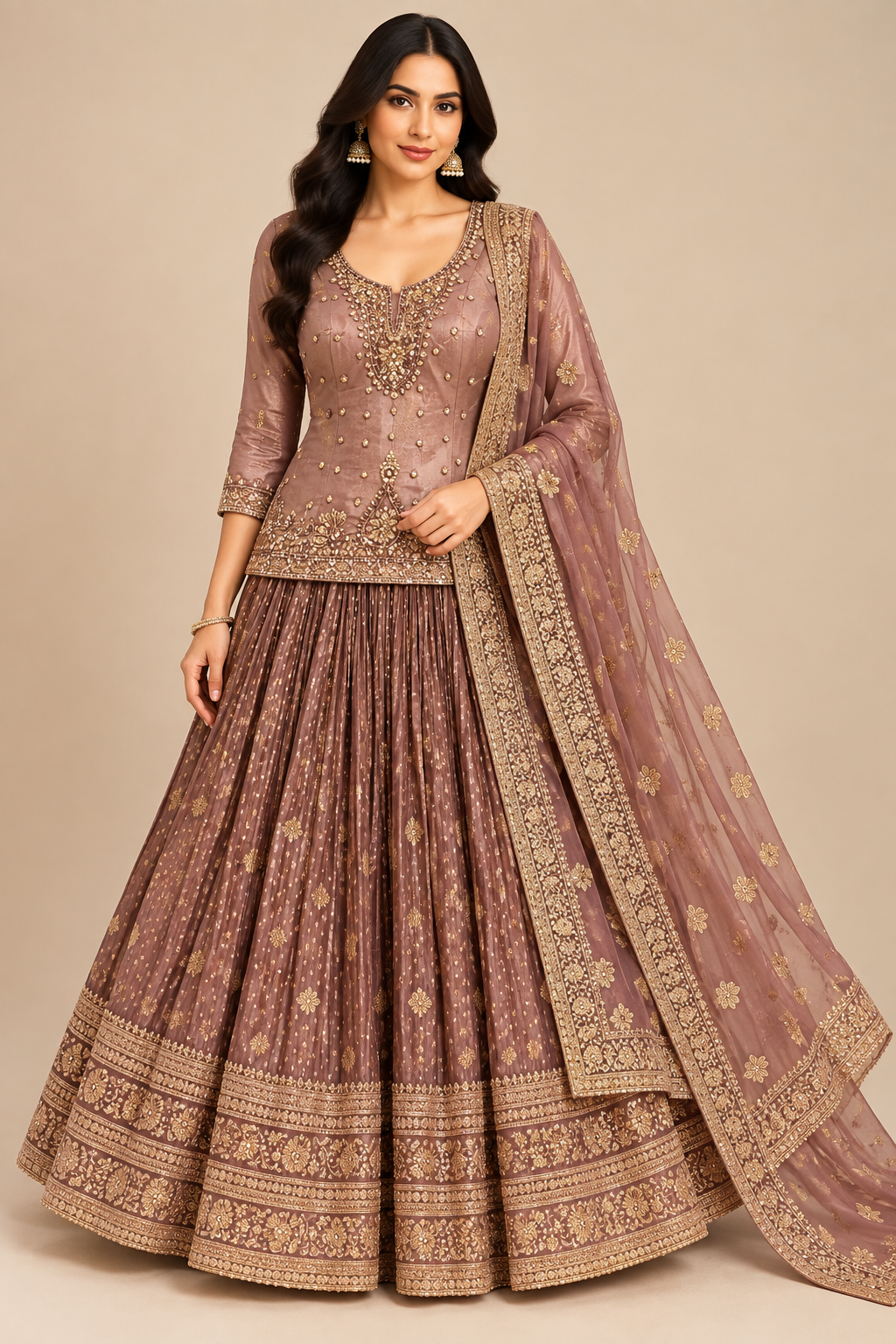 Dusty Rose-Mauve Embroidered Short Kurti & Flared Skirt Set with Dupatta Main image