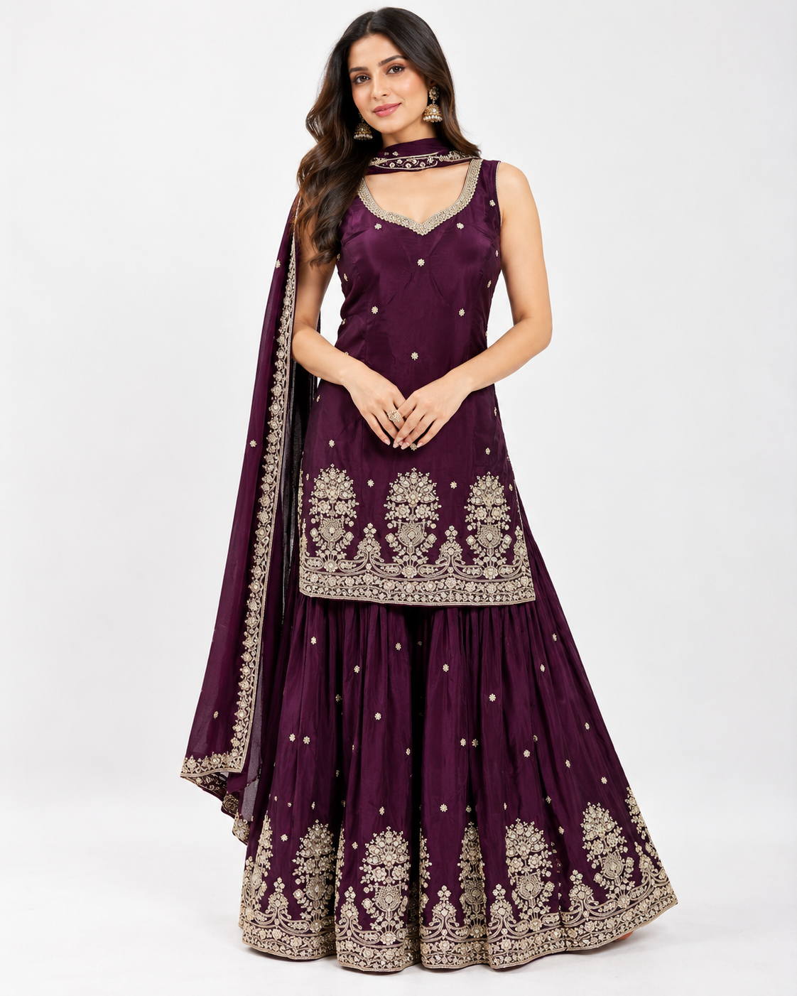 Embroidered Purple Sharara Suit Set