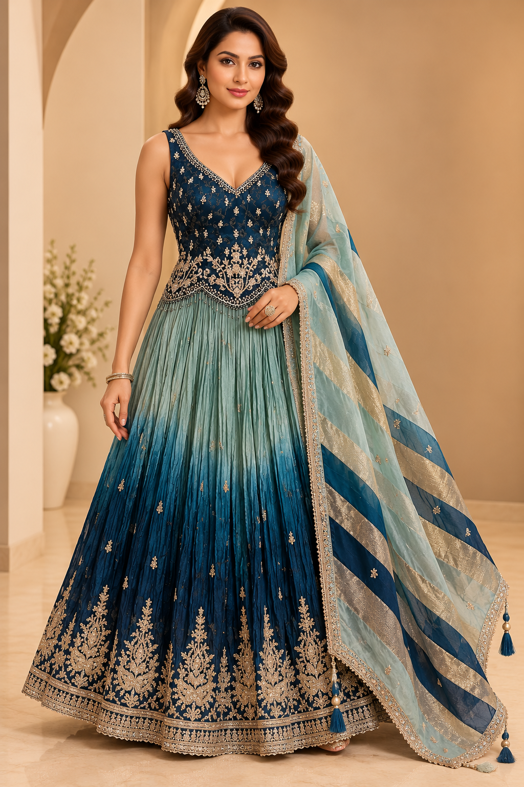 Midnight Blue & Seafoam Ombre Hand-Embroidered Sleeveless Basque Bustier, Pleated Flared Skirt &amp; Dupatta Set