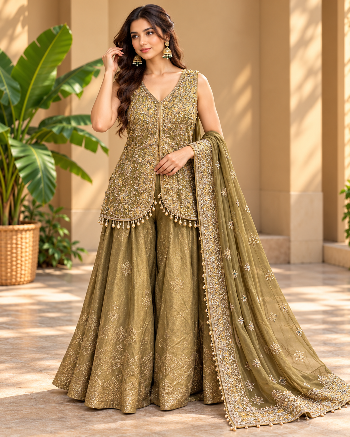 Olive Gold Embroidered Palazzo Set