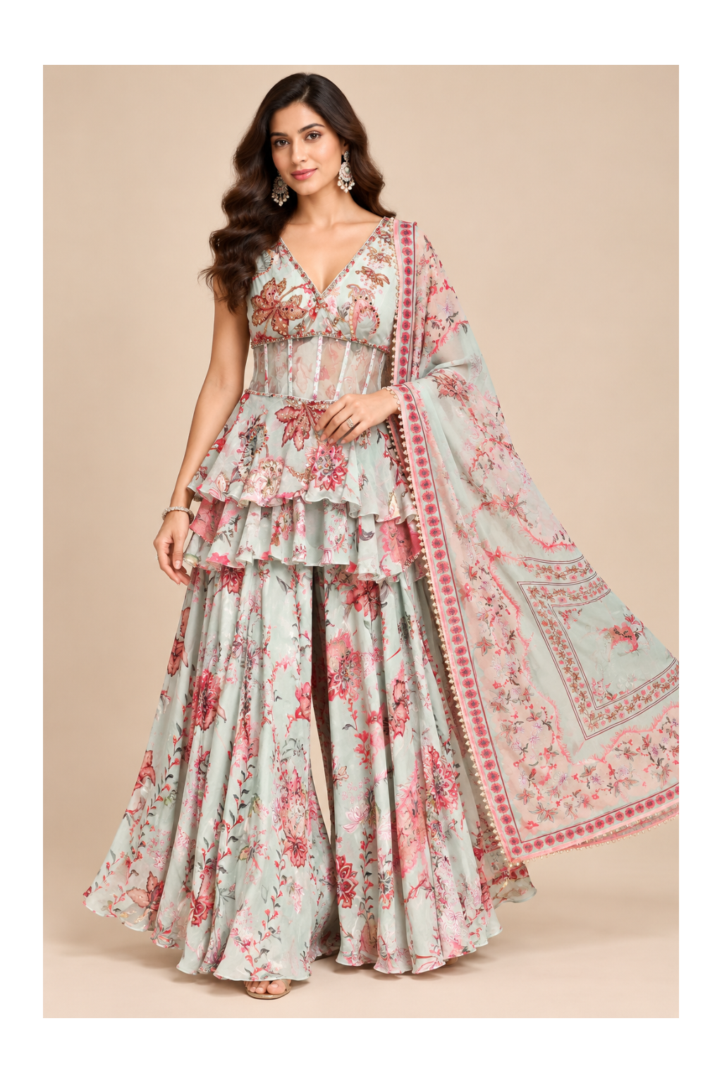 Pastel Mint & Coral Floral Corset Peplum, Flared Sharara & Dupatta Set