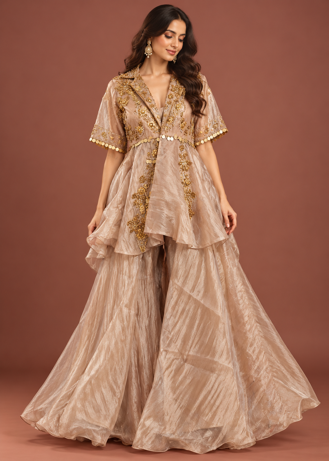 Champagne Gold Tissue Peplum Sharara Set Main image