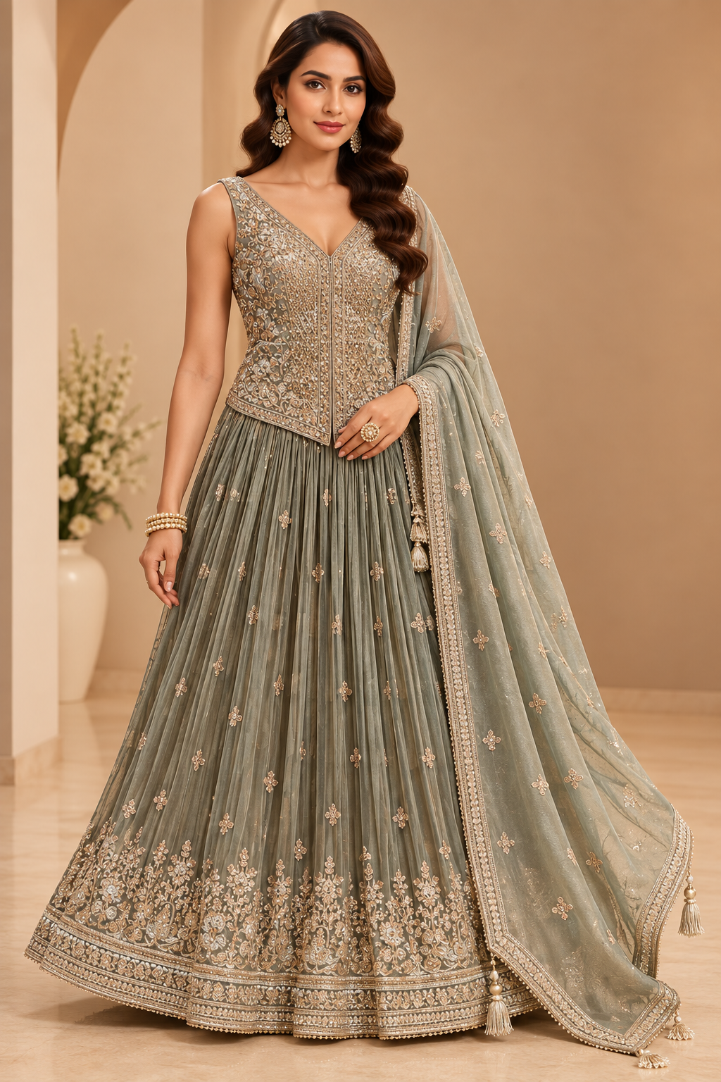 Sage Grey-Green Hand-Embroidered Sleeveless Jacket Bustier, Pleated Flared Skirt & Dupatta Set
