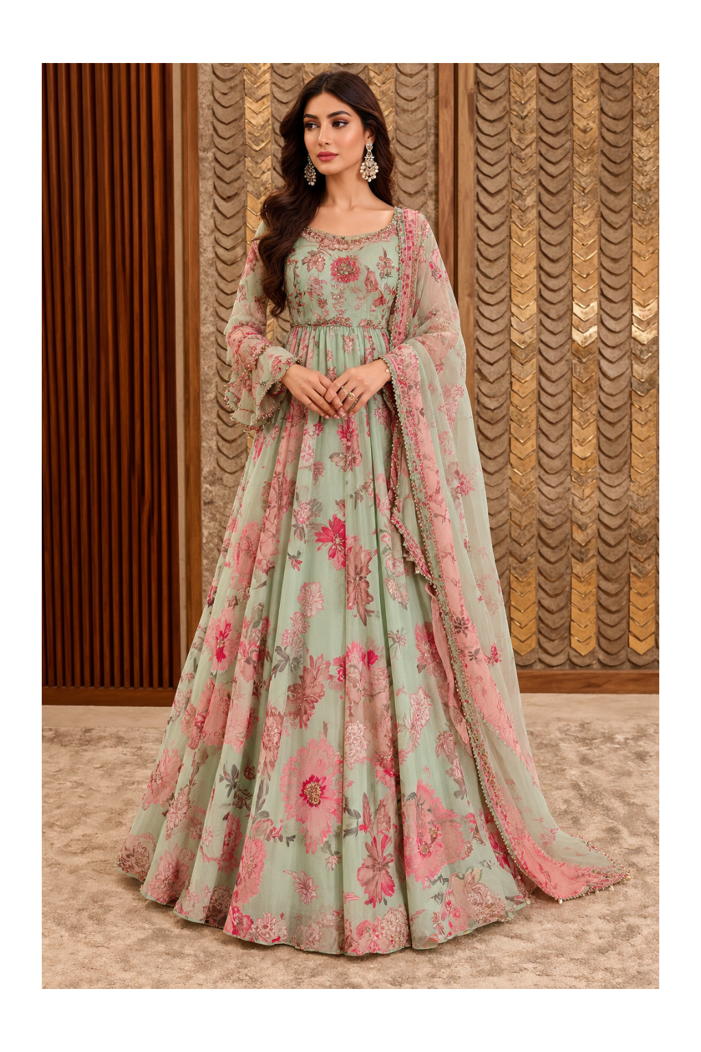 Sage-Green Floral Printed Georgette Kalidar Anarkali Gown Main image