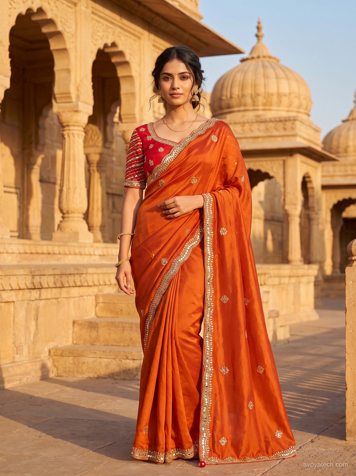 Orange Silk Saree with Golden Embellished Border & Butti Work Main image