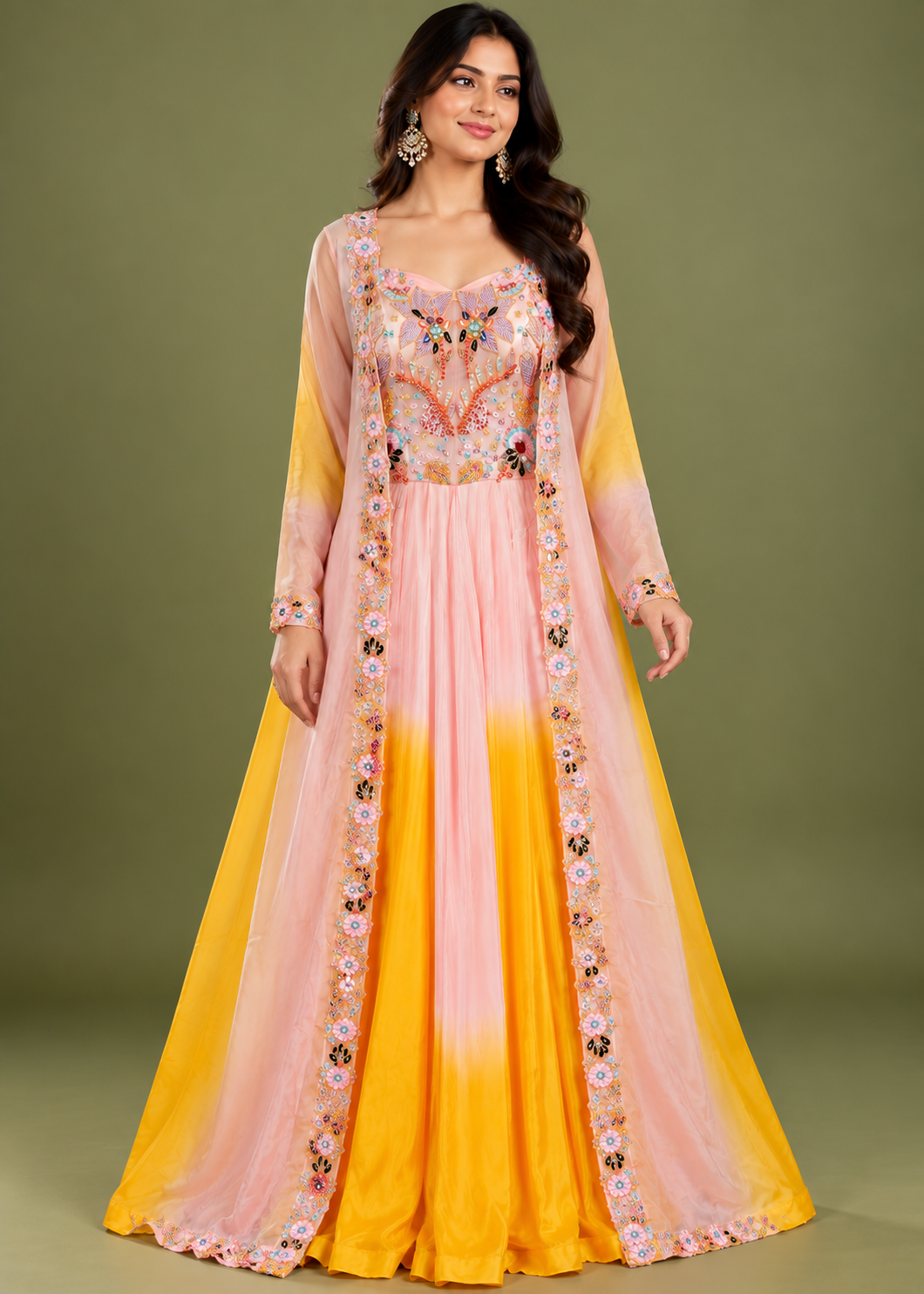 Yellow Pink Ombre Embroidered Jacket Gown