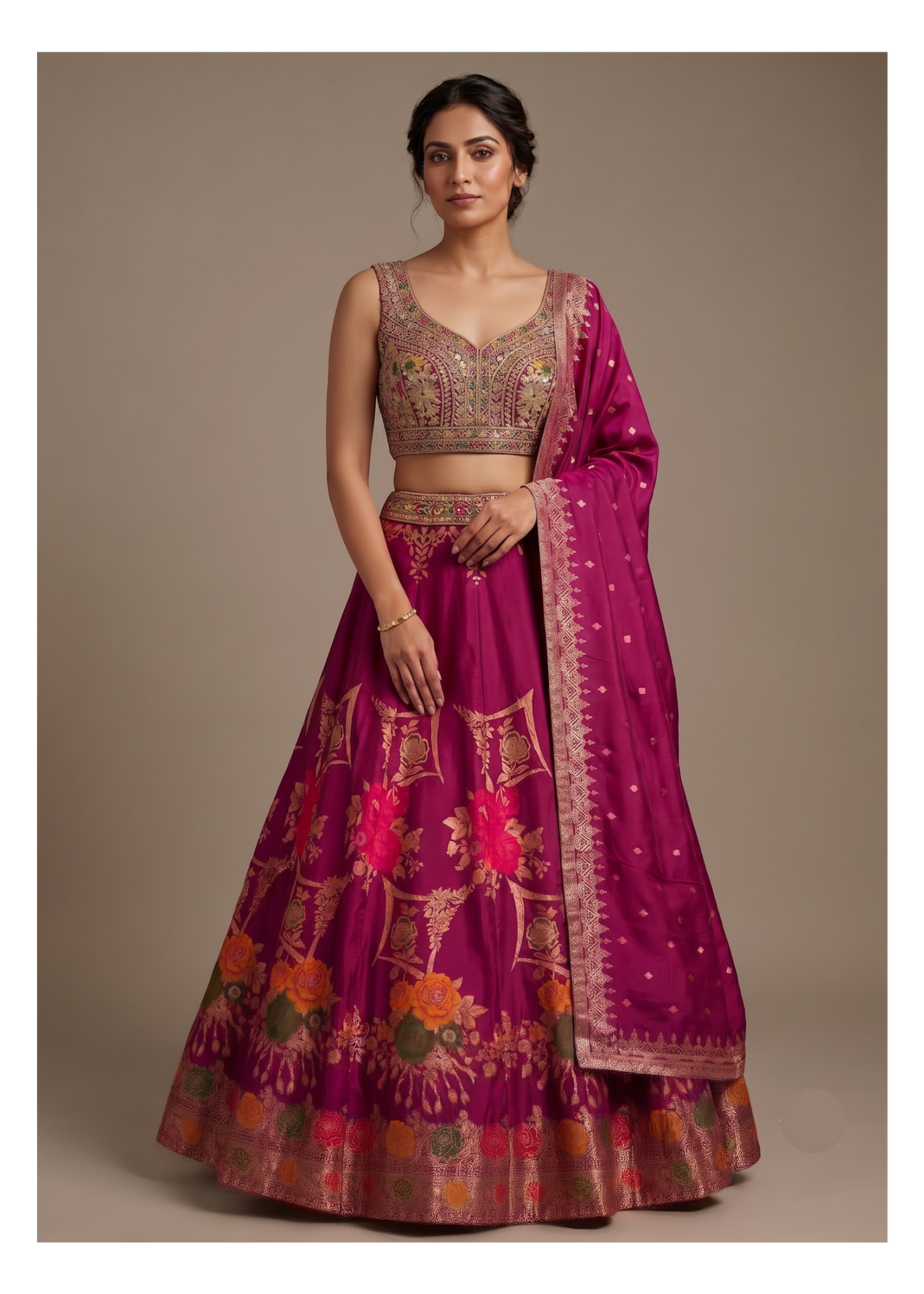 Magenta Silk Flared Lehenga Set with Embroidered Sweetheart Blouse