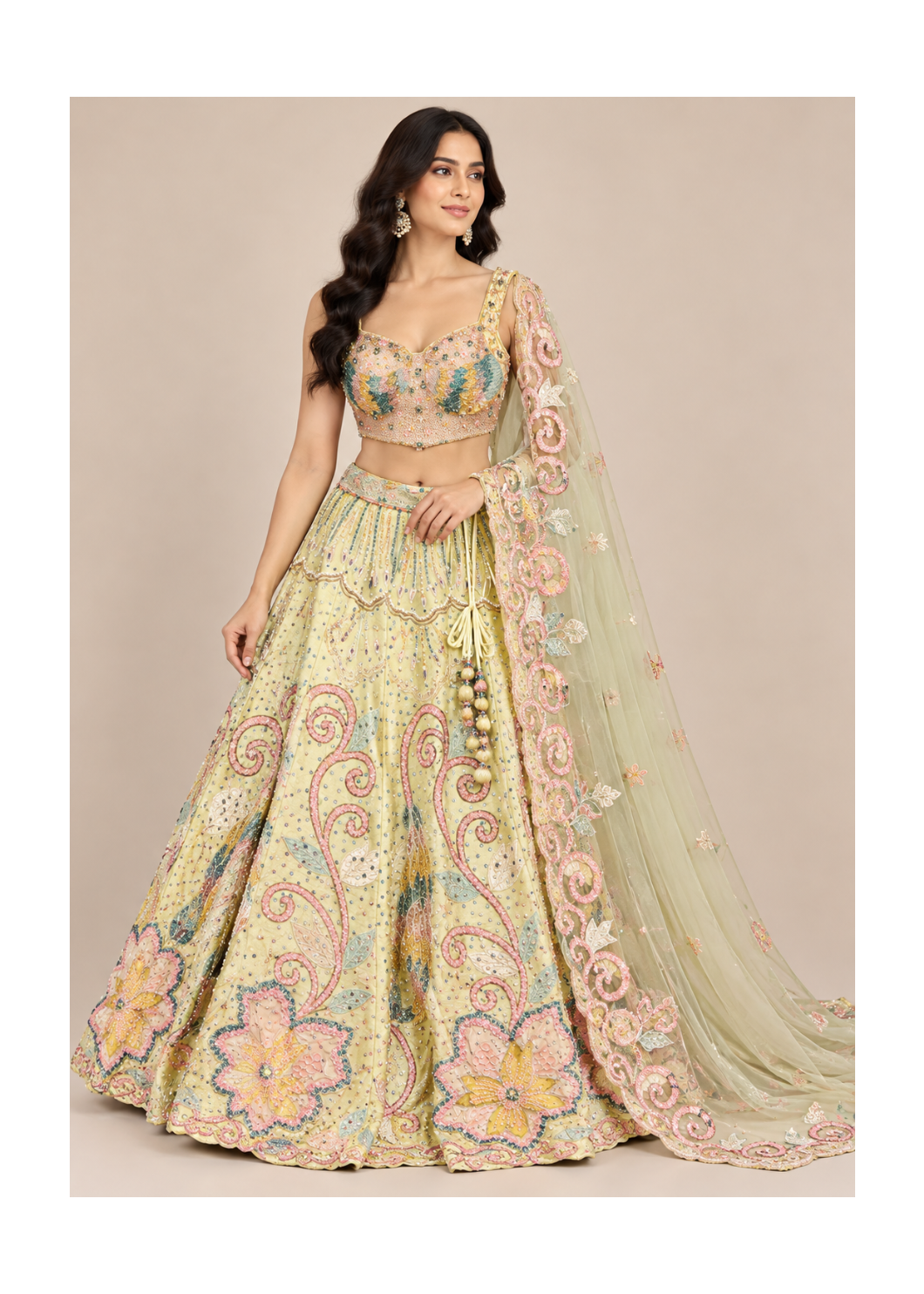 Pastel Buttercup-Yellow Embroidered Kalidar Lehenga, Bustier