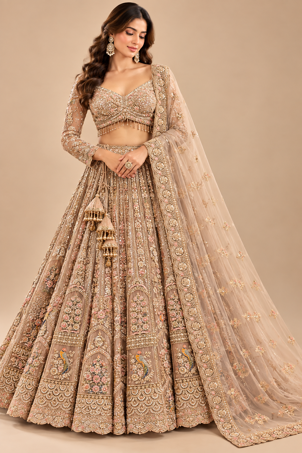 Dusty Taupe-Beige Embroidered Full-Sleeve Bridal Lehenga Choli Set
