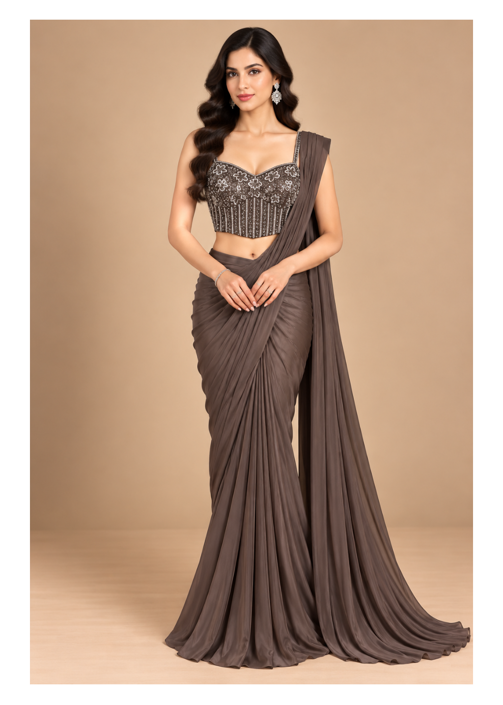 Deep Espresso Brown Pre-Draped Saree with Embroidered Corset Blouse