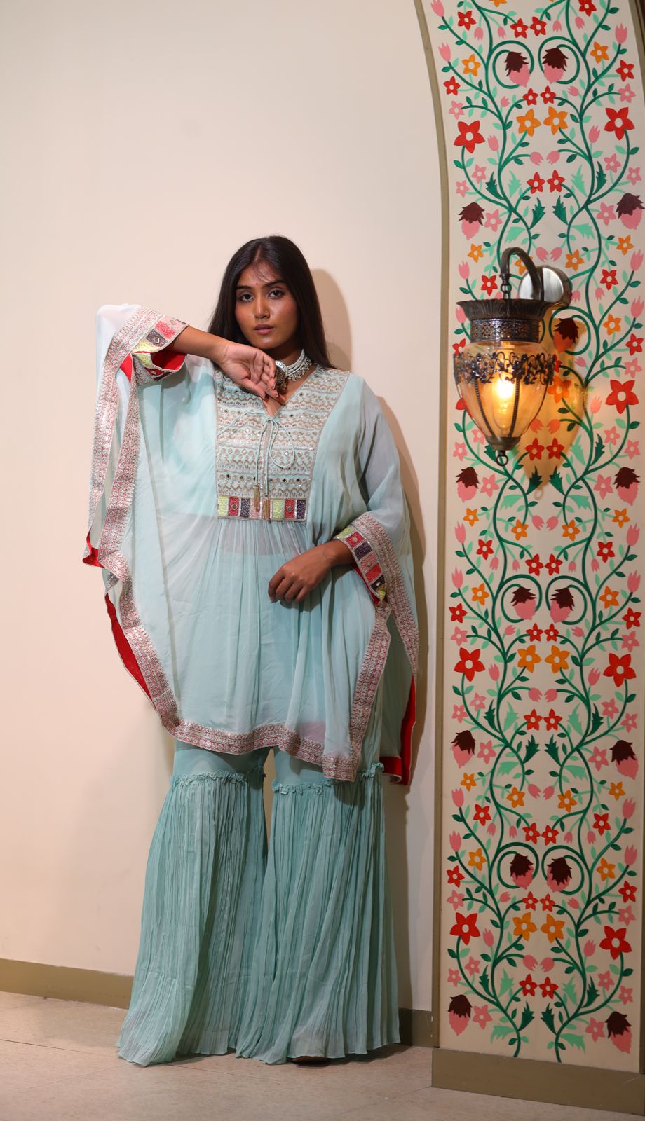 Elegant Powder Blue Kaftan Style Dress with Sharara