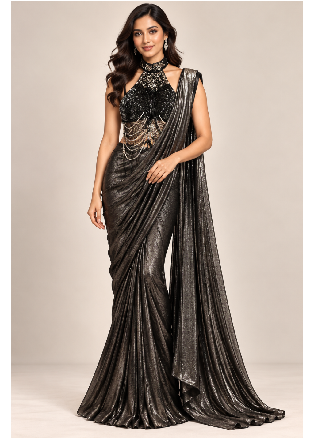 Metallic Gunmetal Pre-Draped Saree-Gown & Embellished Halter Choker Blouse Set