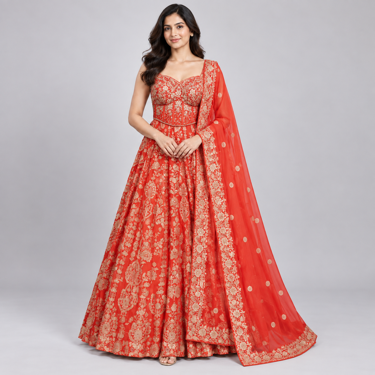 Crimson Red & Gold Zari Embellished Anarkali Gown Set