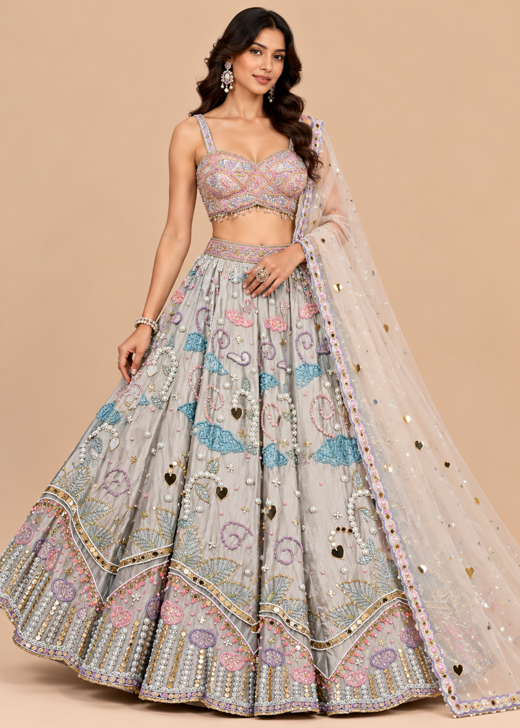 Silver Grey Embroidered Lehenga Set