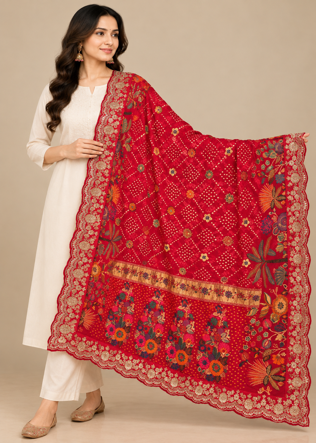 Red Bandhani Paithani Floral Silk Dupatta