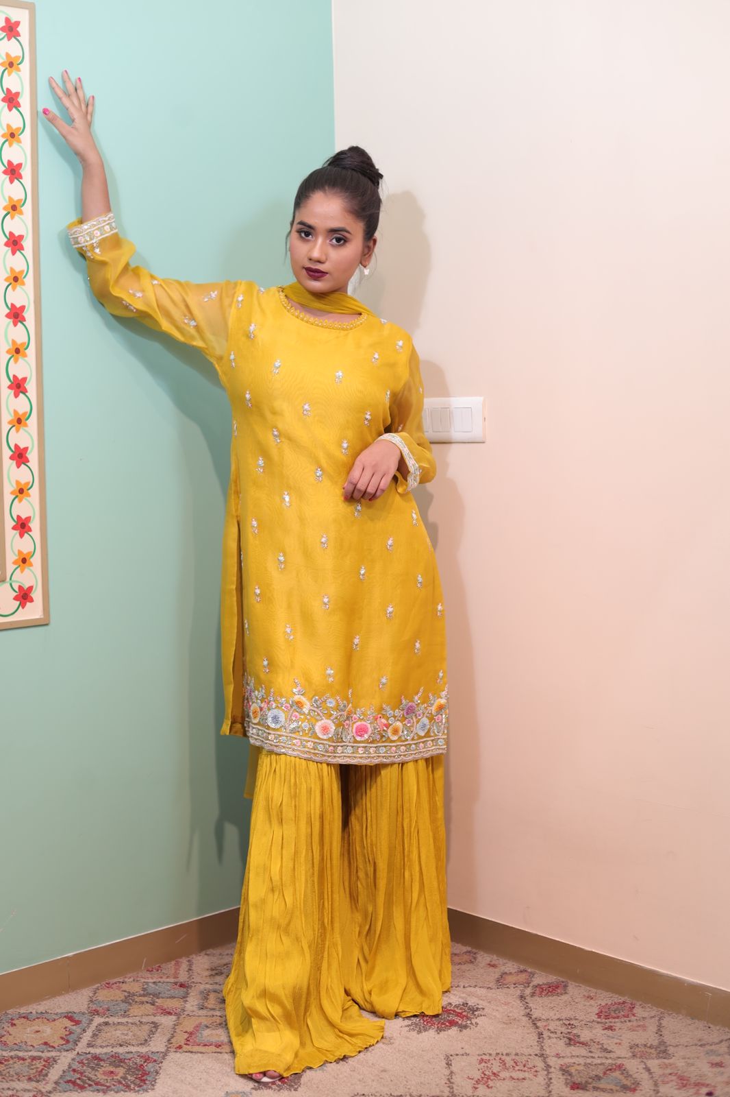 Lemon Georgette Kurti with Sharara and Dupatta