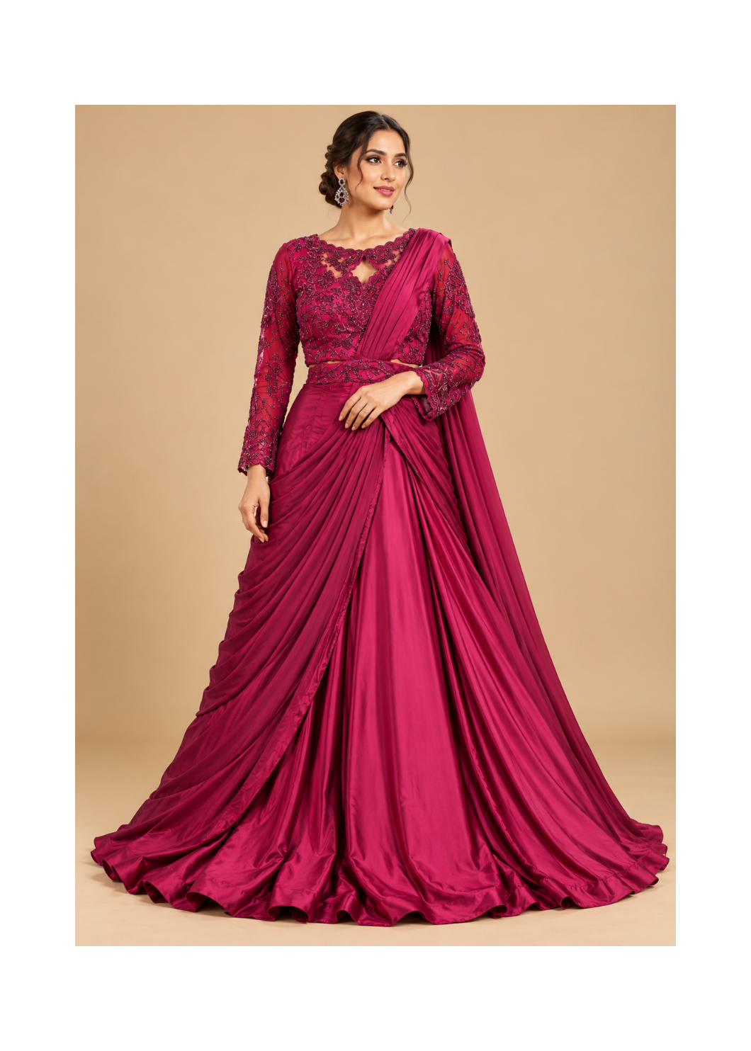 Wine Draped Lehenga with Floral Beaded Blouse