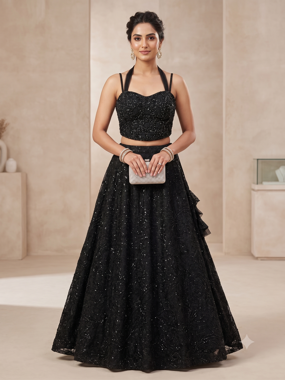 Midnight Black Sequin &amp; Threadwork Embroidered Lehenga Set