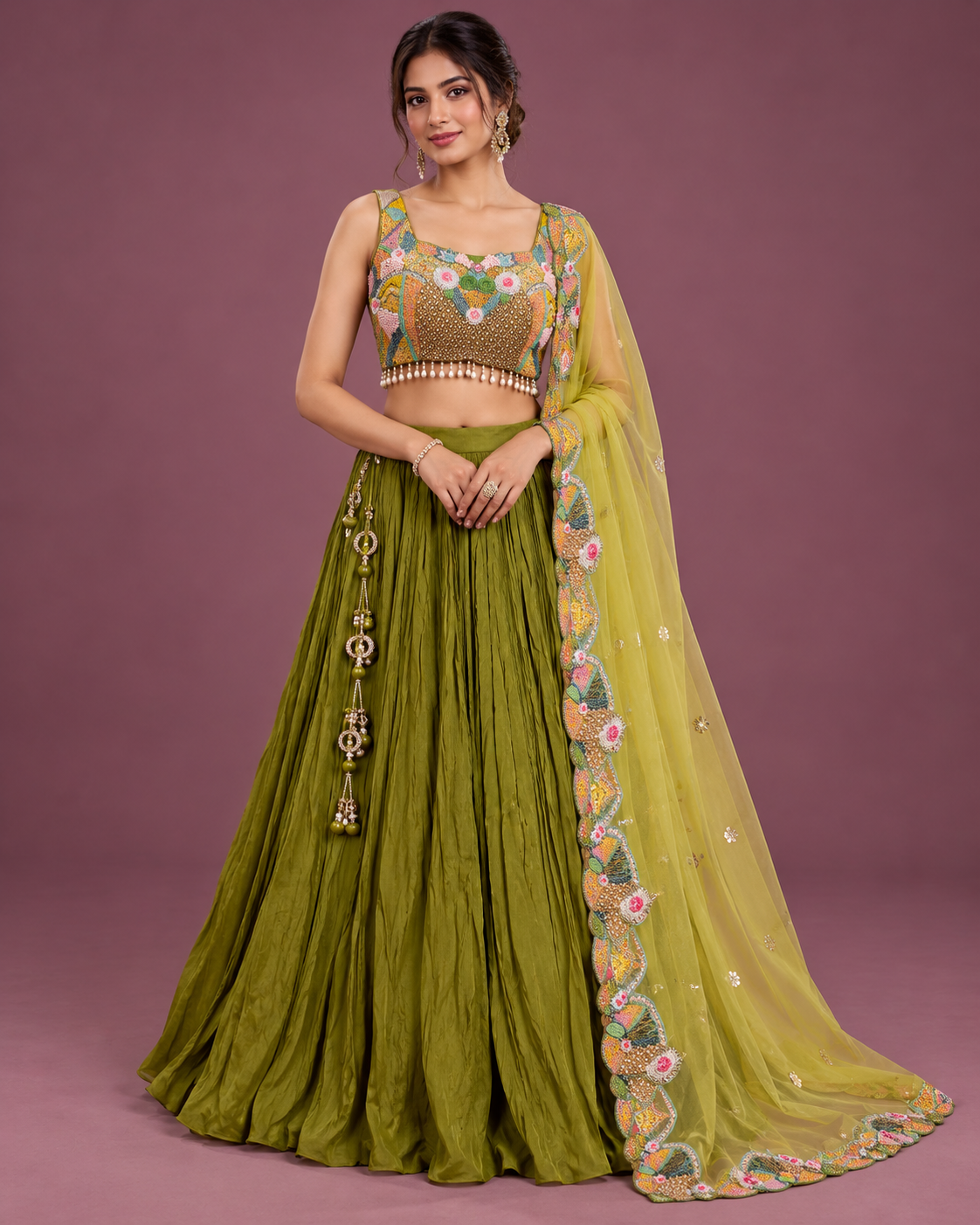Olive Green Embroidered Crinkle Silk Lehenga Main image