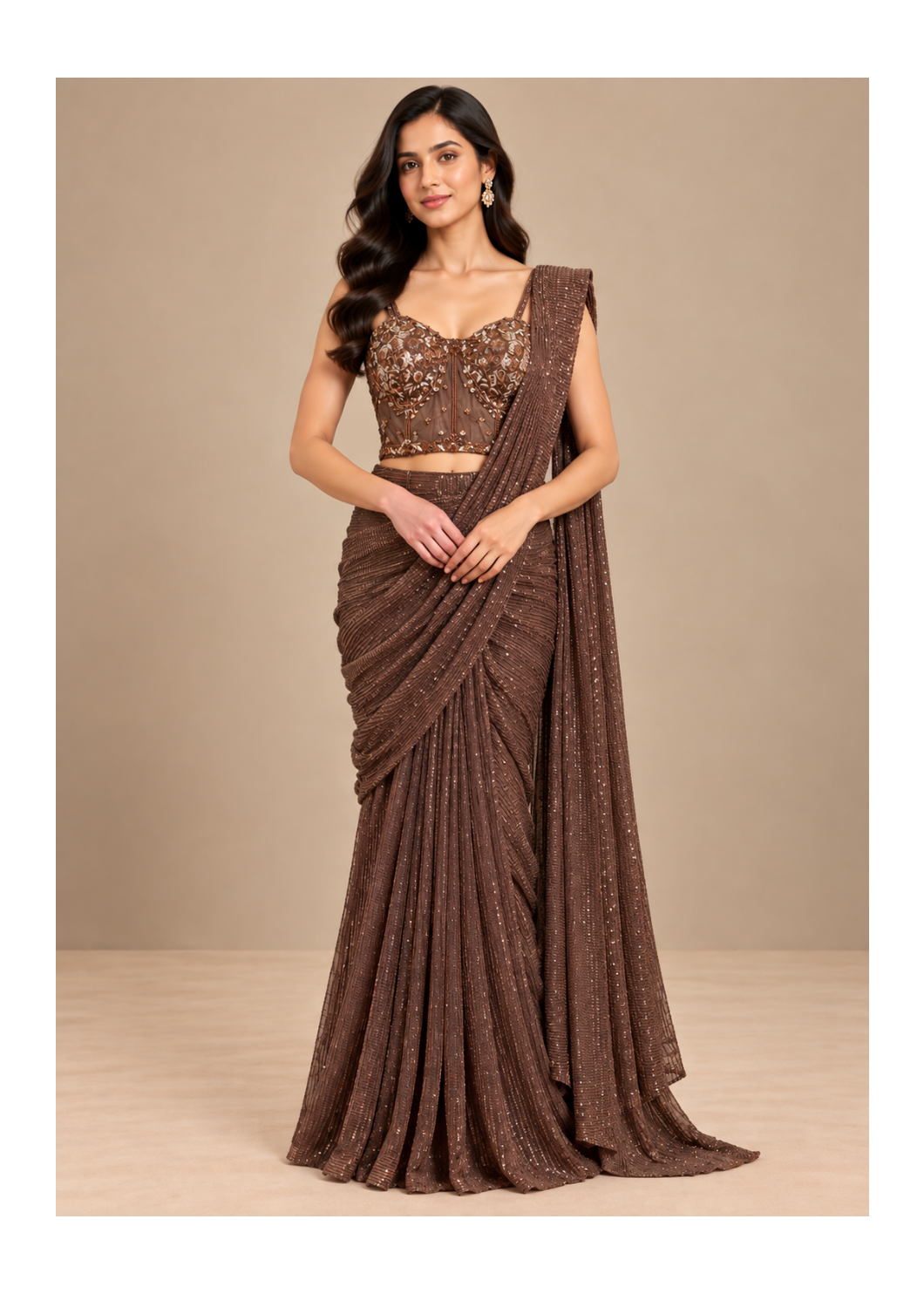 Coffee Brown Pre-Draped Sequin Saree Set with Corset Bustier Main image