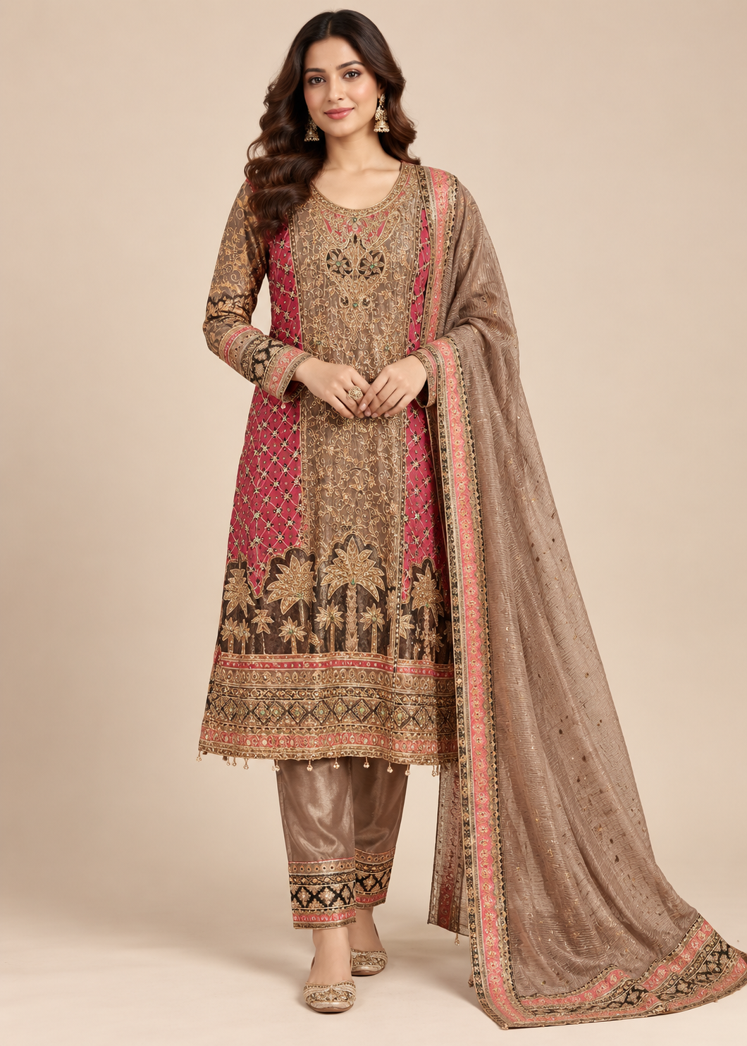 Taupe & Rani-Pink Colorblocked Embroidered Kurti, Trousers & Dupatta Set