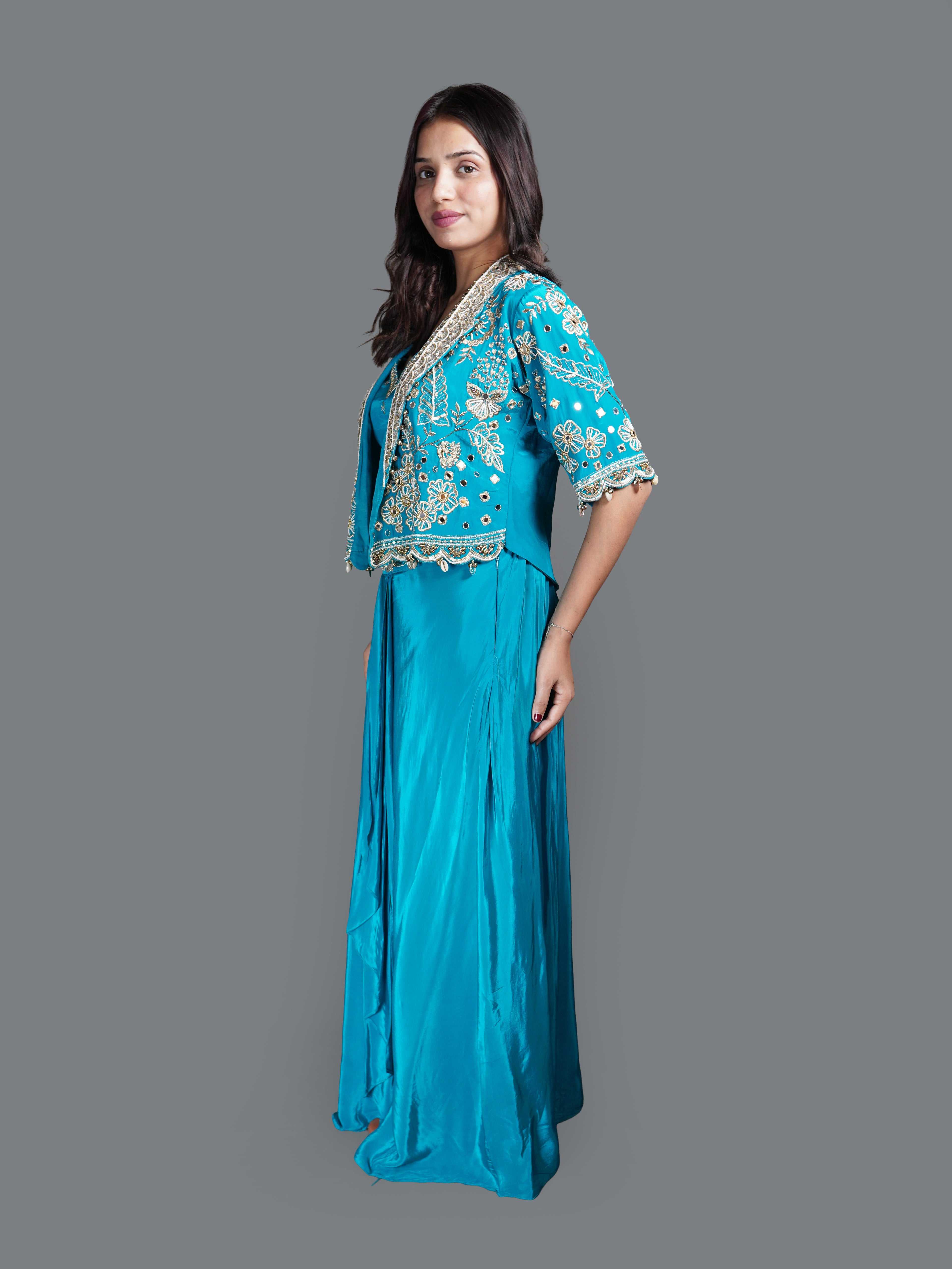 Metallic Aqua Tissue Silk Dress (3239 M-18)