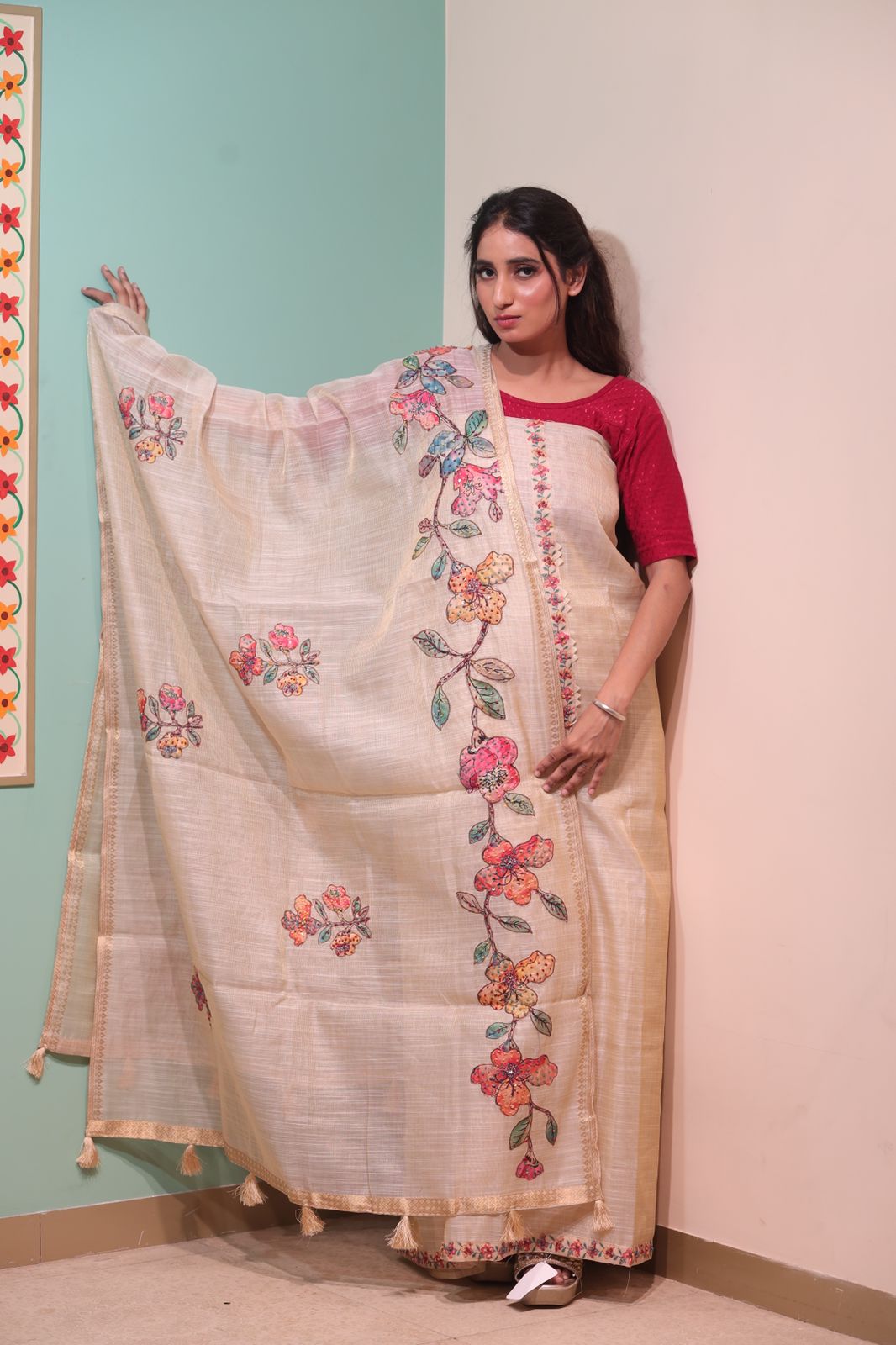 Elegant Floral White Dola Silk Unstitched Suit Fabric