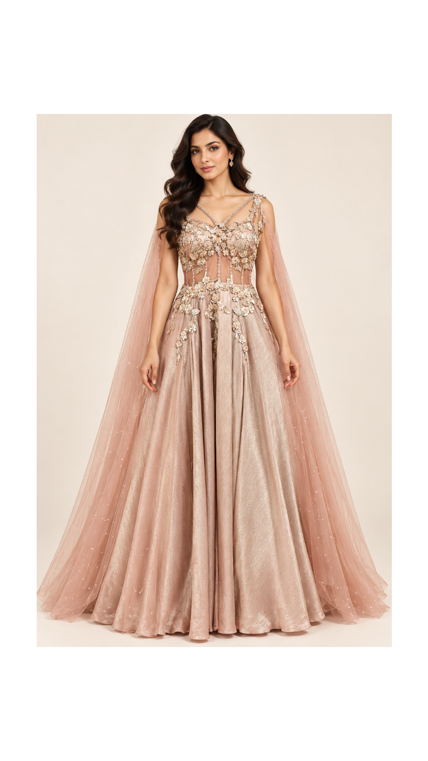 Dusty Rose Metallic Corset Ballgown with Cape Sleeves Main image