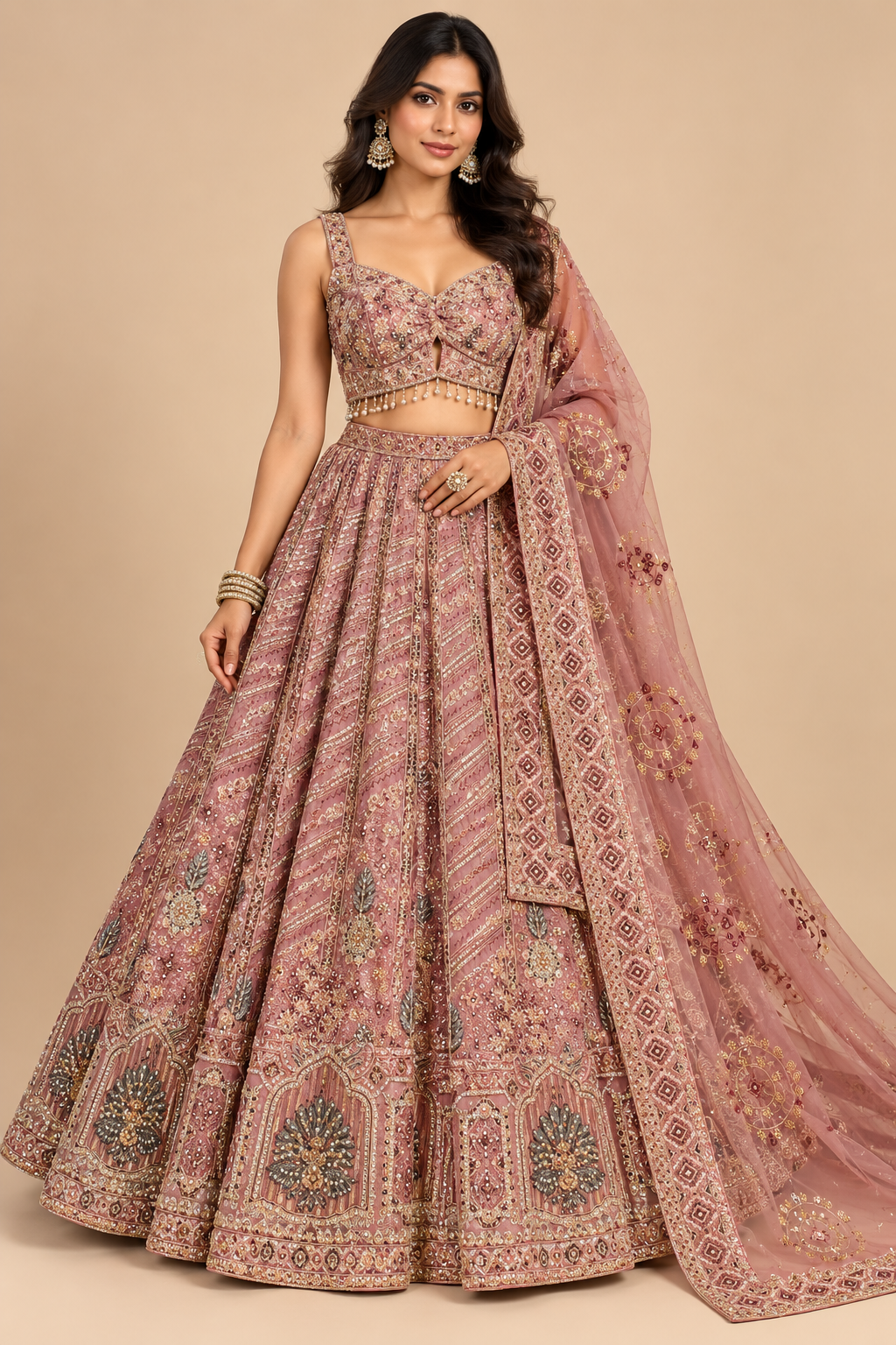 Dusty Rose Pink Hand-Embroidered Silk Kalidar Lehenga Choli Set with Heavily Embellished Dupatta