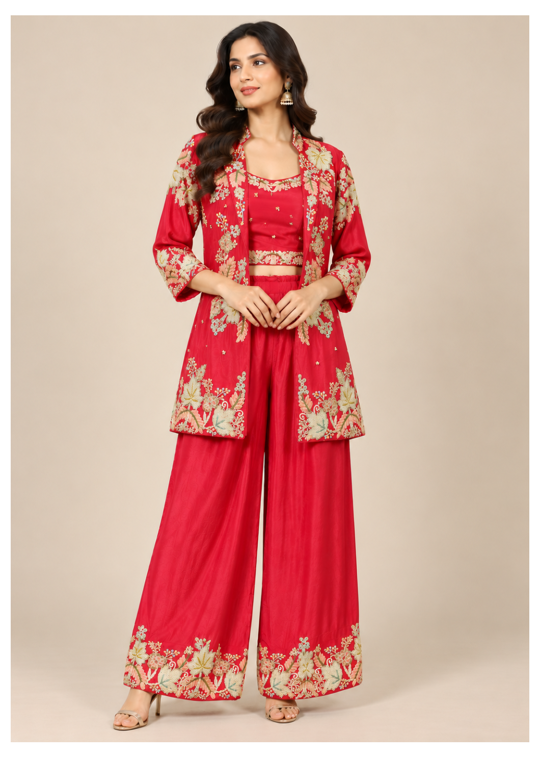 Cherry Red Embroidered Silk Jacket Co-Ord