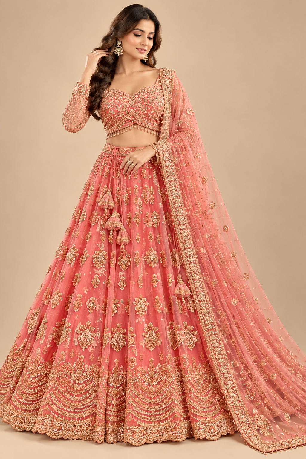 Coral Pink Gold-Embroidered Full-Sleeve Lehenga Choli Set