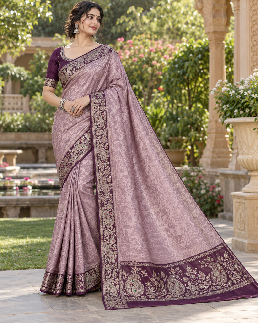 Deep Plum Silk Saree with Paisley Border