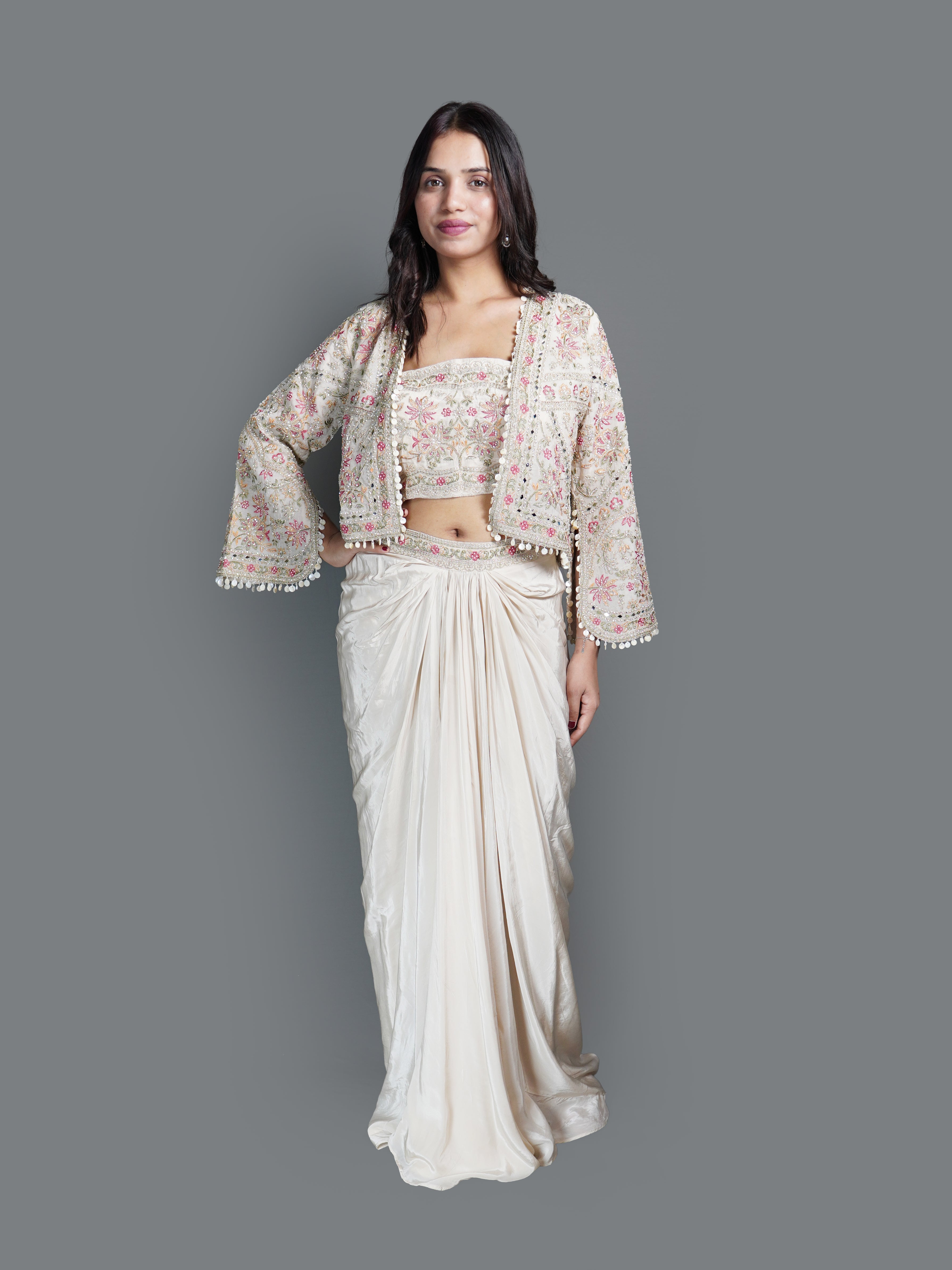 Ethereal Ivory Draped Skirt Set with Embroidered Jacket (MV-1114 GS-73) Main image