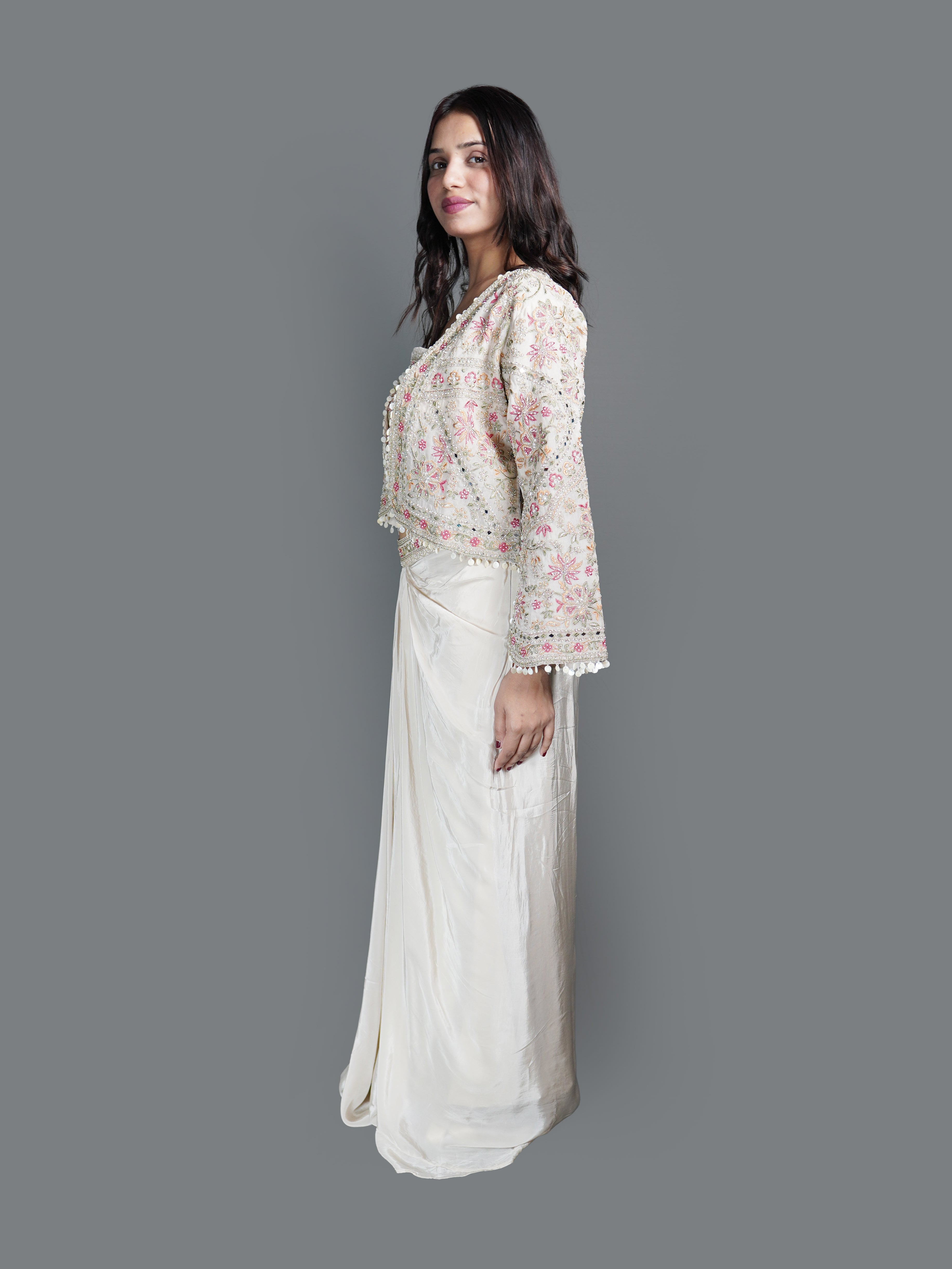 Ethereal Ivory Draped Skirt Set with Embroidered Jacket (MV-1114 GS-73)