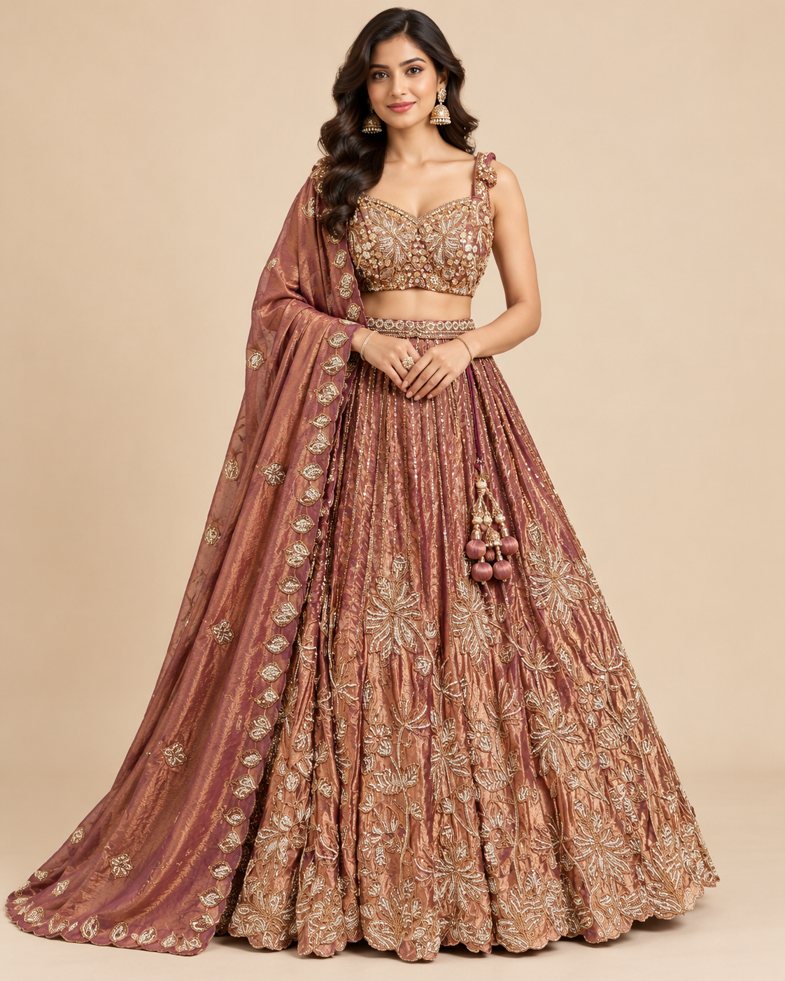 Mauve-Copper Crushed Shimmer Embroidered Lehenga, Sweetheart Bustier