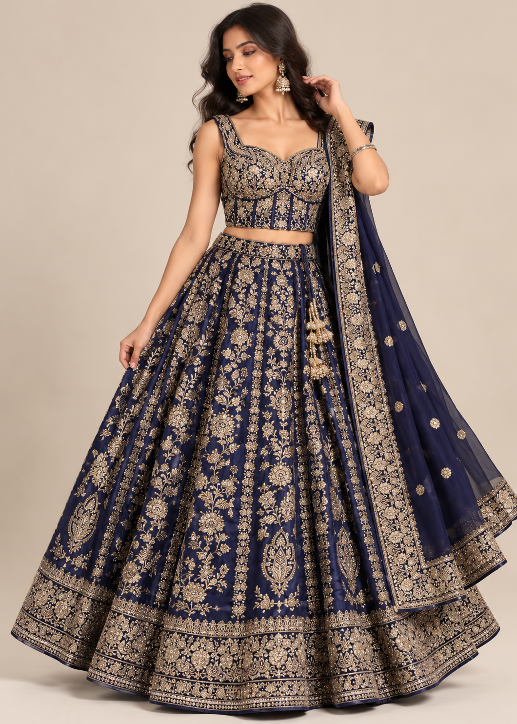 Navy Blue Floral Embroidered Lehenga with Dupatta