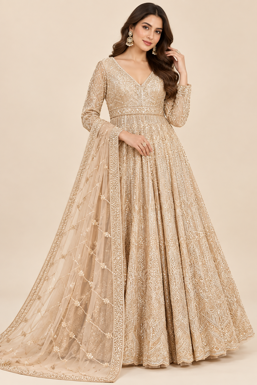 Champagne Gold Embroidered Anarkali Gown Set