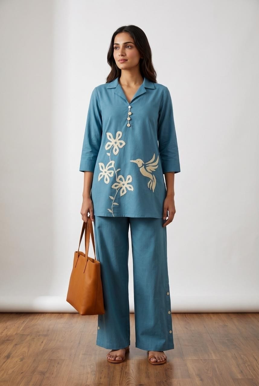 Teal Blue Bird Embroidered Linen Co-Ord Set Main image