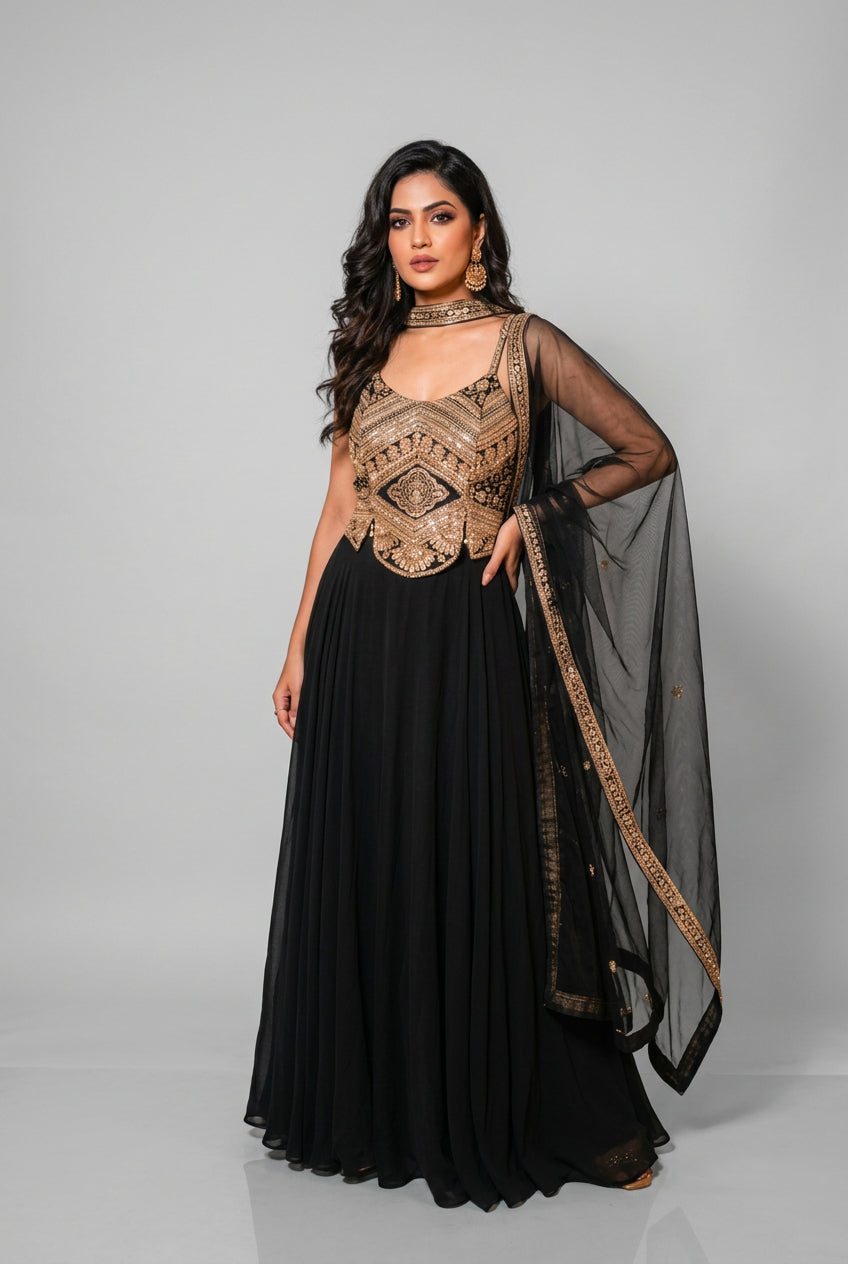 Midnight Black Gold-Embellished Peplum Gown Set Main image