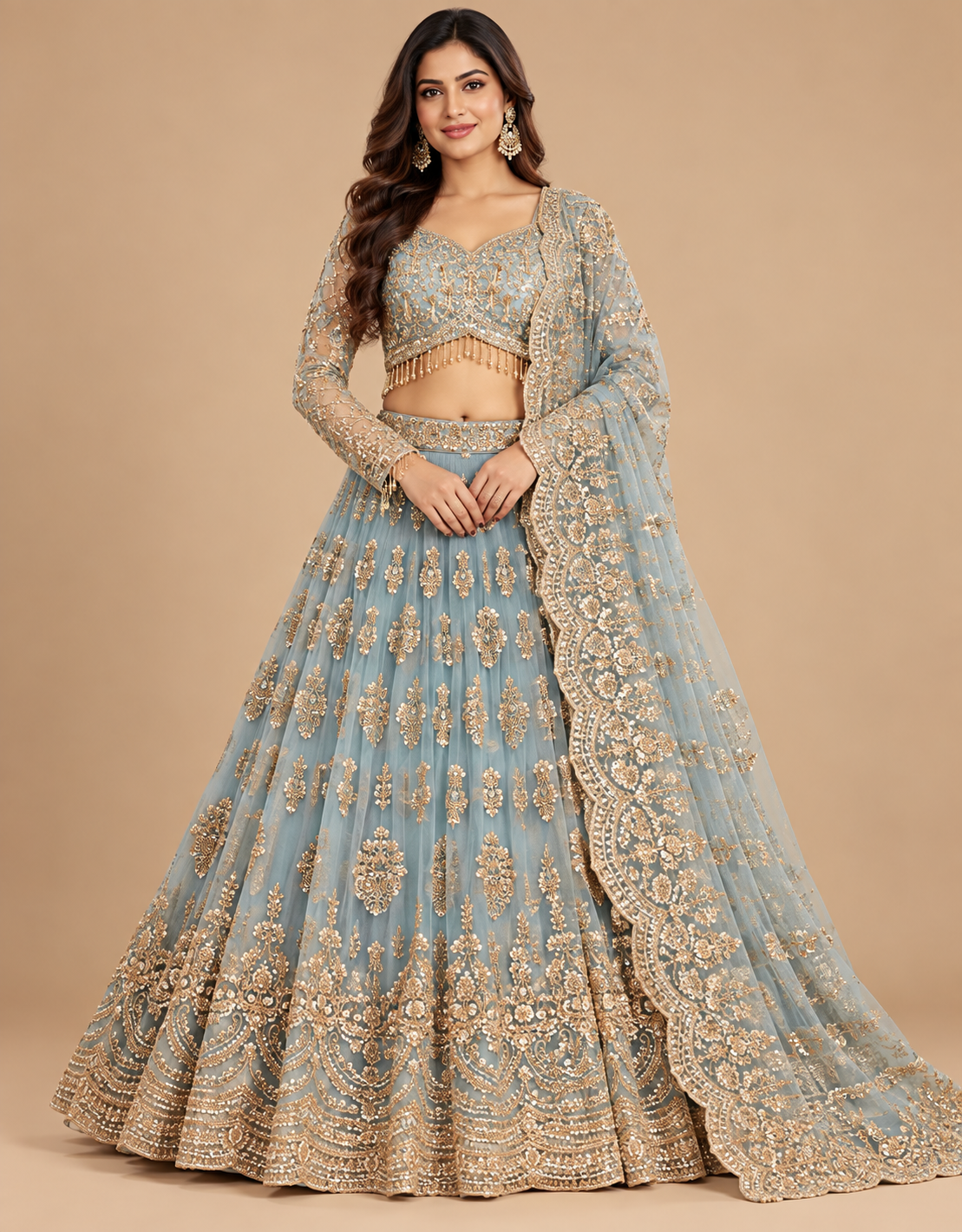 Dusty Powder-Blue Gold-Embroidered Full-Sleeve Lehenga Choli Set