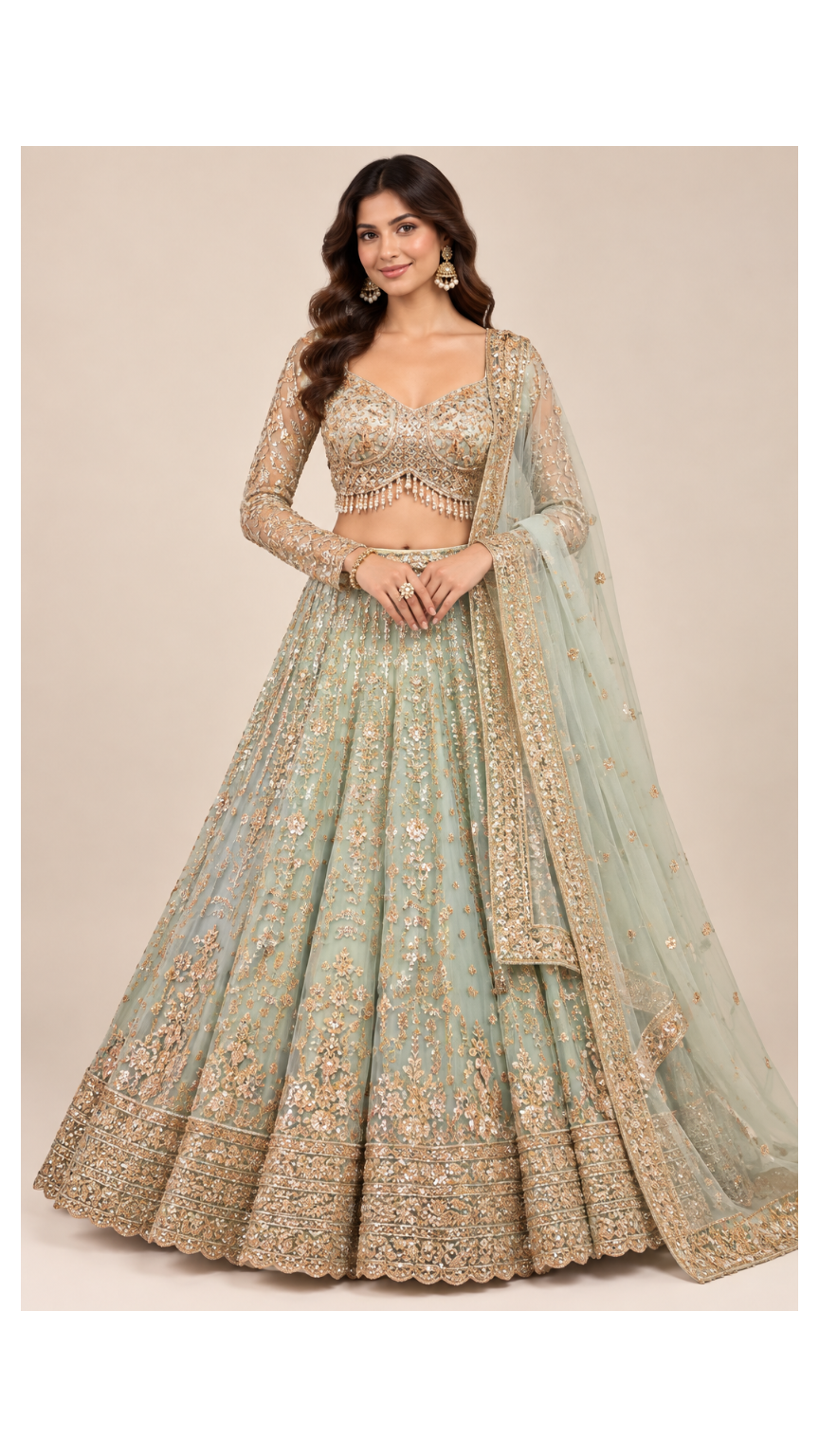 Mint Sage Heavily Embellished Bridal Lehenga Set Main image