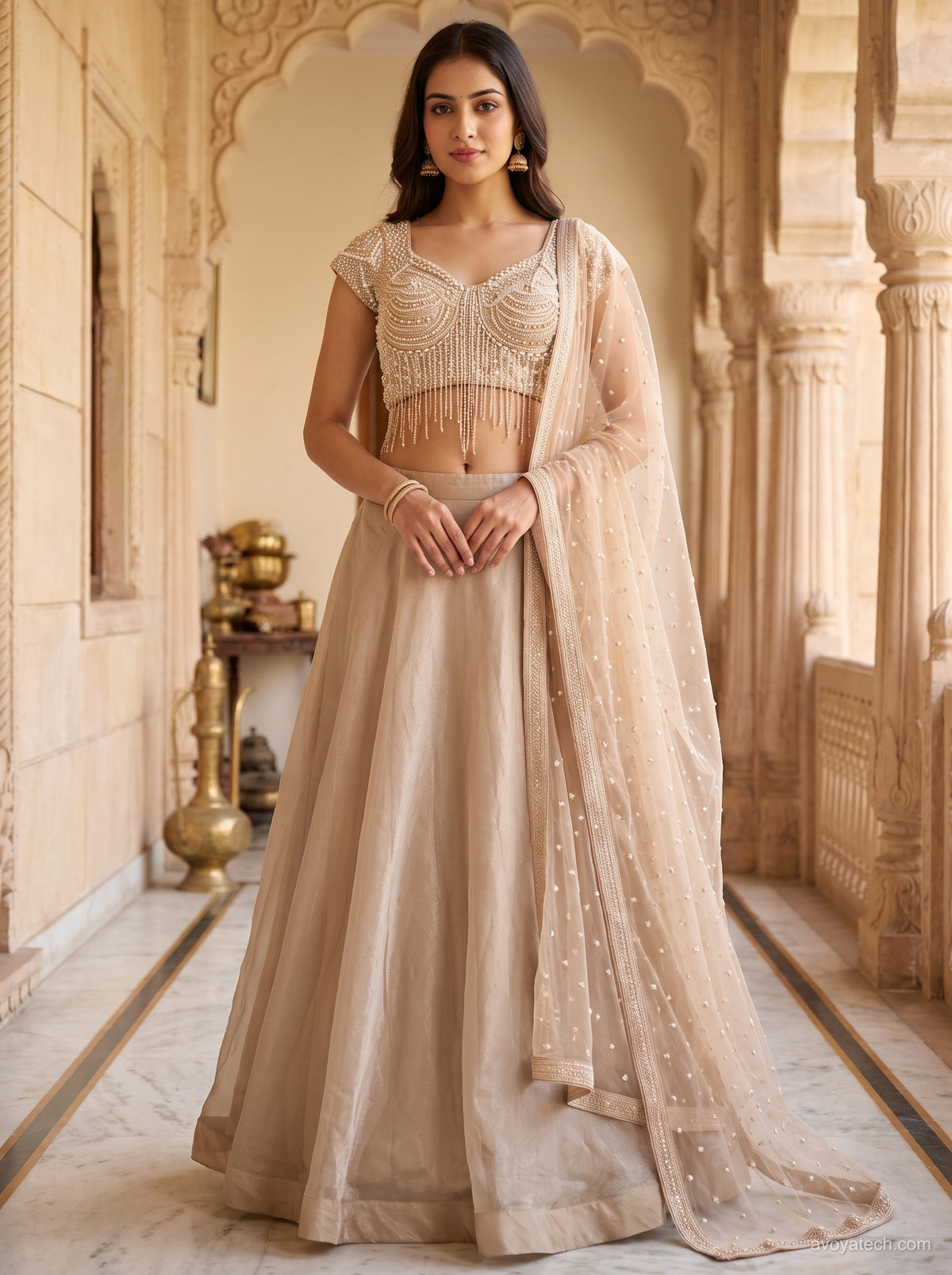 Champagne Nude Pearl Encrusted Flared Lehenga Set