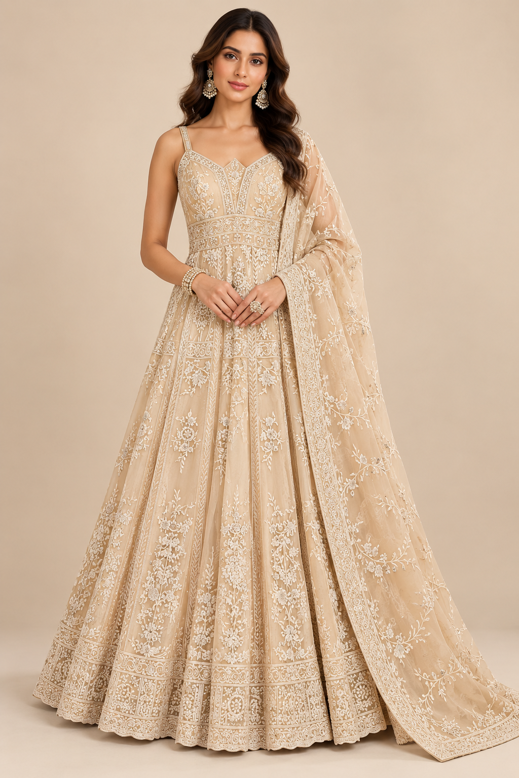 Beige Champagne Chikankari & Zari Embroidered Kalidar Anarkali Gown Set with Dupatta